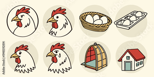 a set of cartoon farm icons including chickens and a coop Vector