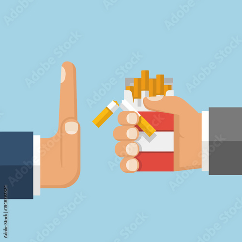 Illustration depicting a hand refusing cigarettes, symbolizing the decision to quit smoking and promoting health awareness against tobacco addiction.