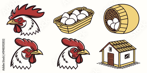 a collection of farm icons including chickens and eggs Vector