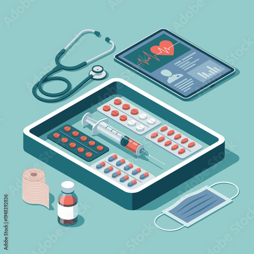 A healthcare illustration featuring essential medical tools, medications, and a tablet with patient data, highlighting the importance of health technologies in modern medicine.