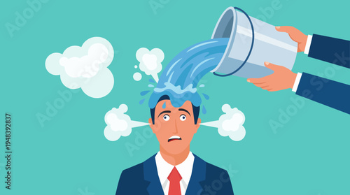 A startled businessman depicted with water being poured over his head, illustrating overwhelming stress, confusion, or surprise in a humorous, exaggerated cartoon style.