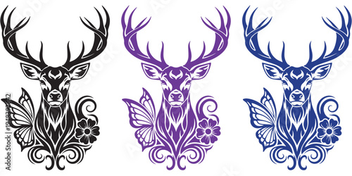 Ornamental deer head vector with butterfly and flower decorative elements.