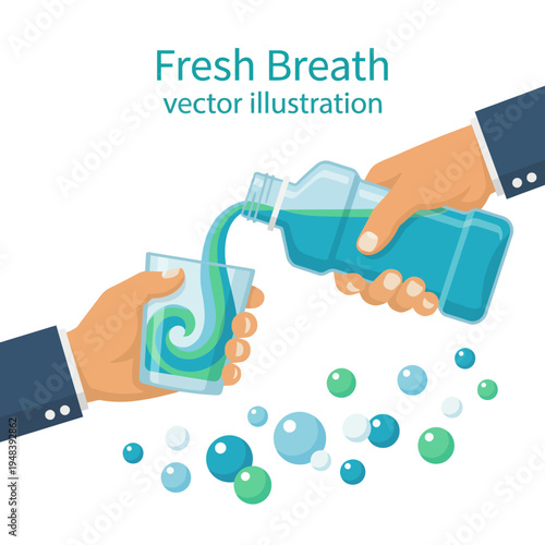 An illustration of hands pouring mouthwash into a glass, symbolizing freshness and oral hygiene, emphasized with bubbles and a clean aesthetic in vector art style.