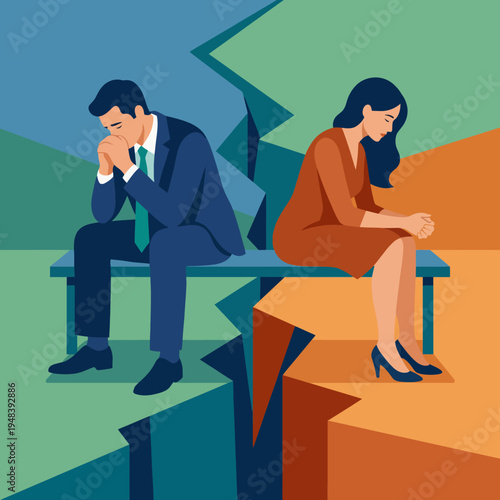 An evocative illustration of a couple sitting apart on a cracked bench, symbolizing emotional distance and conflict, reflecting the challenges in modern relationships.