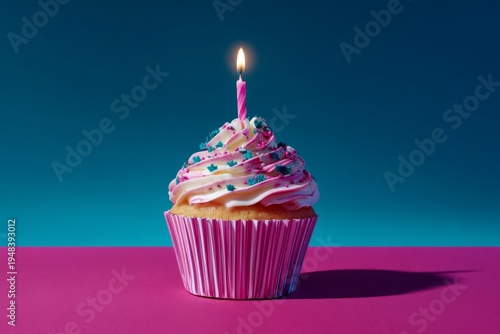 Delightful cupcake topped with a single flickering candle, perfect for celebrating special occasions and birthdays.