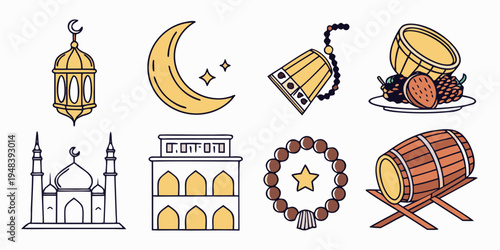 ramadan icons with mosque lantern crescent moon Vector