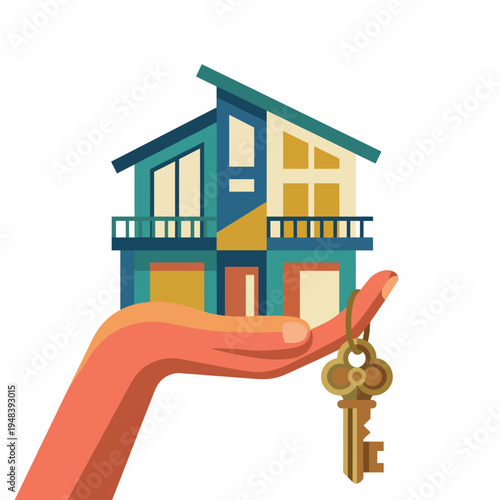 This vibrant illustration features a hand holding a colorful house model and a key, symbolizing the essence of homeownership and real estate investment opportunities.