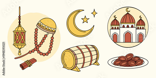 ramadan kareem icons with mosque and food Vector