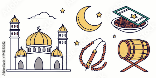 ramadan icons with mosque and food Vector