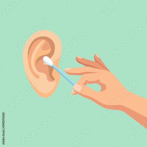 This image depicts a hand using a cotton swab to clean an ear, emphasizing the importance of personal hygiene and ear care in maintaining health and cleanliness.