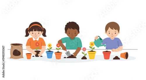 Three diverse children happily engage in gardening activities, planting, digging, and watering flowers in various colorful pots.