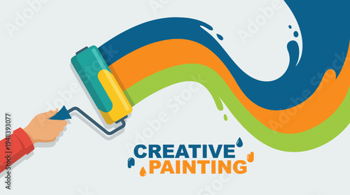 An artistic representation of a person using a paint roller, creating vibrant waves of colors, showcasing creativity and the joy of artistic expression in painting.