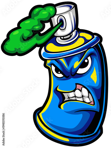 This image depicts an anthropomorphized spray can with an angry face and green fumes, capturing a playful yet edgy vibe often associated with street art and urban culture.