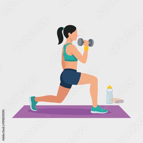 An energetic woman performs lunges with a dumbbell, showcasing strength and determination in her fitness journey, along with healthy eating and lifestyle choices in the background.