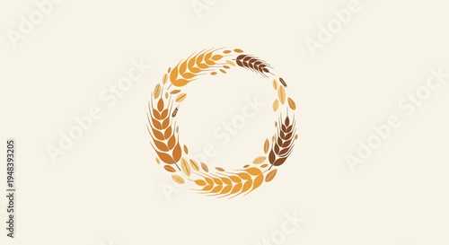 Golden Wheat Ears Wreath Logo Design, Symbolizing Harvest and Abundance on a Light Beige Background
