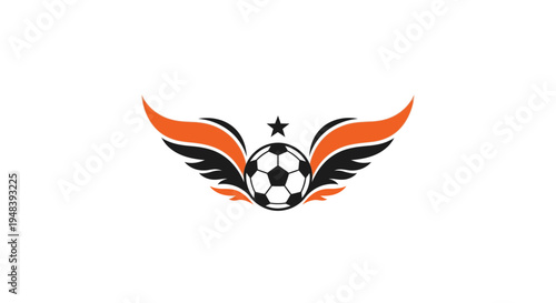 Dynamic Soccer Ball with Orange and Black Wings and Star Logo Design, Representing a Powerful Football Club on Isolated White Background