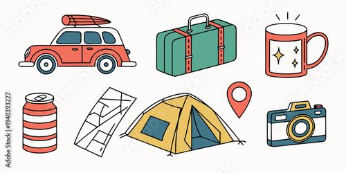 a collection of camping and travel related objects Vector