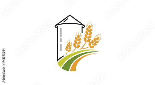 Farm Silo and Wheat Field Logo Design, Symbolizing Agriculture and Grain Storage on Isolated White Background