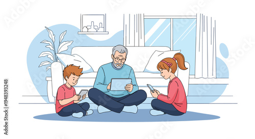 Grandfather and his grandchildren sit comfortably on floor while using digital tablets in modern living room.
