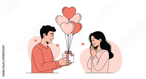 Romantic man surprises happy woman with gift box and bundle of heart shaped balloons for special celebration.