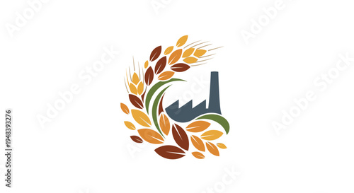 Industrial Factory with Wheat and Leaves Logo Design, Representing Agro-Industry and Food Production on Isolated White Background