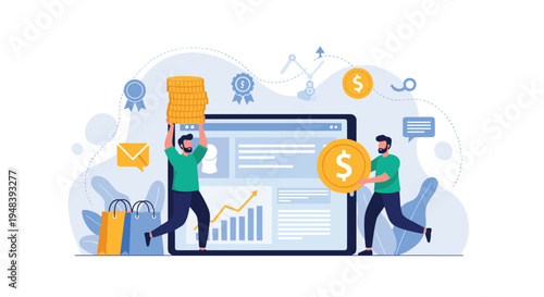 Digital financial concept shows people moving large golden coins onto tablet screen displaying economic charts.