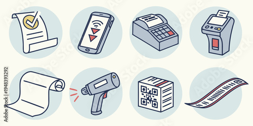 collection of various pos and barcode scanning devices and supplies Vector