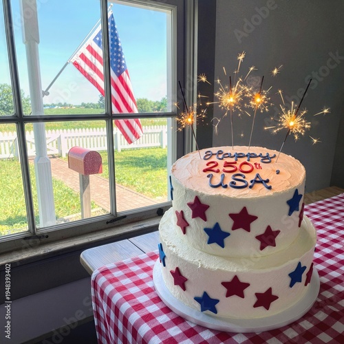 A two-tier cake adorned with red and blue stars and sparklers sits next to a window, celebrating America's 250th birthday, while an American flag gently waves outside