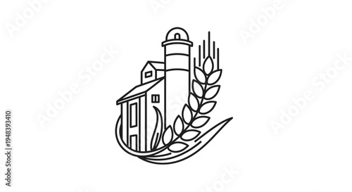 Outline Barn Farm House with Wheat Grain Stalks Rural Agriculture Logo on Isolated White Background