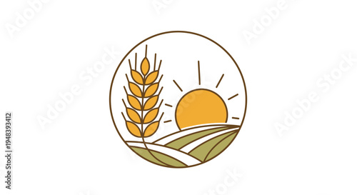 Circular Wheat Field Landscape with Rising Sun Agriculture Farm Logo on Isolated White Background
