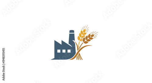 Factory Building and Golden Wheat Grain Agriculture Industrial Logo on Isolated White Background
