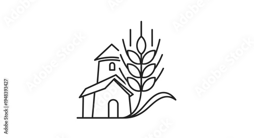 Minimalist Wheat Grain and Barn Farm House Outline Logo on Isolated White Background