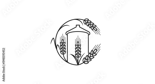 Traditional Grain Silo Storage with Wheat Stalks in Circle Outline Icon on Isolated White Background