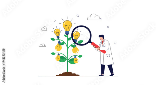 Male scientist uses magnifying glass to examine lightbulb plant growing from soil representing innovative ideas.