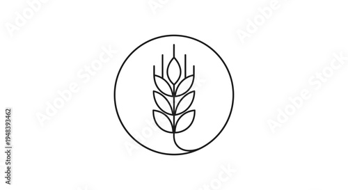 Minimalist Single Wheat or Grain Stalk in a Circle Outline Icon on Isolated White Background