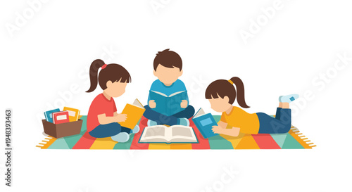 Three children, two girls and a boy, are engrossed in reading books on a colorful striped rug, surrounded by more books.