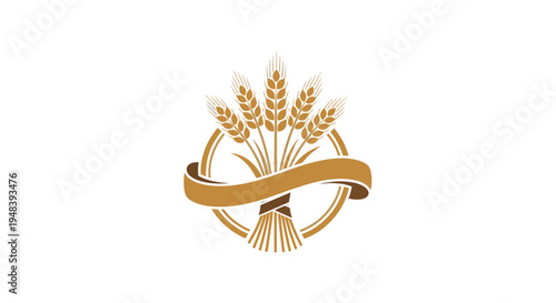 Golden Wheat Sheaf with Ribbon Emblem for Bakery and Agriculture on Isolated White Background