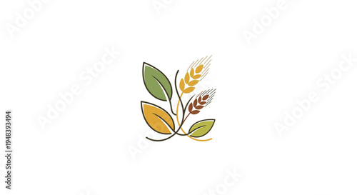 Organic Wheat Stalks with Green Leaves Branch Design Element on Isolated White Background
