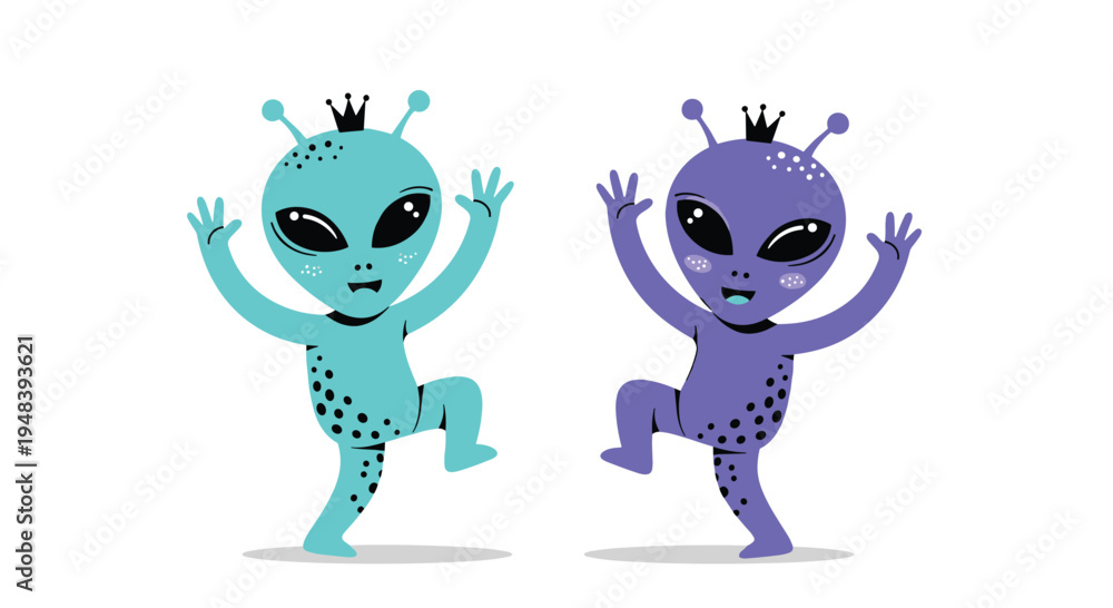 Fototapeta premium Two cute alien characters with crowns dance playfully in fun sci-fi illustration for children and space themes.