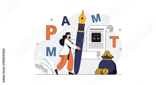 Professional woman writes on legal document with giant fountain pen next to bag of money and gold coins.