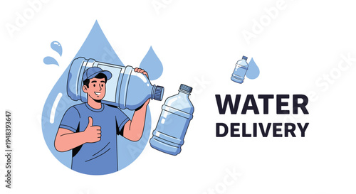 Cheerful delivery man carries large plastic water bottle and gives thumbs up sign representing bottled service.