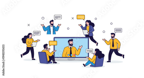 Remote team communicates via video conference on laptop screen illustrating modern online business collaboration.