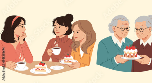 Group of young women enjoying coffee and cake at a table while an elderly couple happily shares a strawberry dessert together.