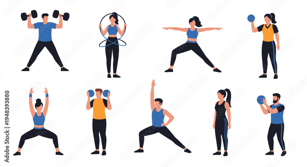 Fototapeta premium Large set of diverse people performing different types of fitness exercises including weightlifting, yoga, and jump rope for wellness.