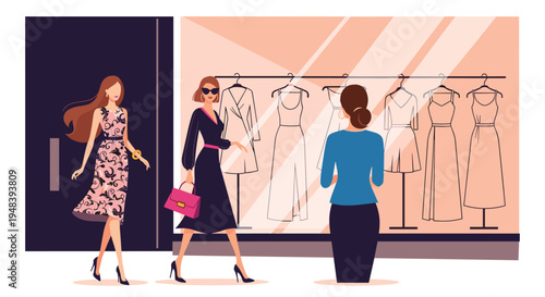Elegant women browsing through a collection of stylish dresses displayed on racks inside a modern fashion boutique during a shopping trip.