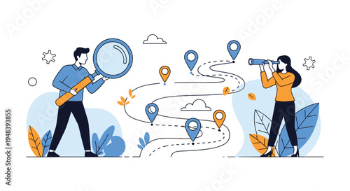 Strategic planning concept featuring people using a magnifying glass and telescope to find the best route on a winding map path.