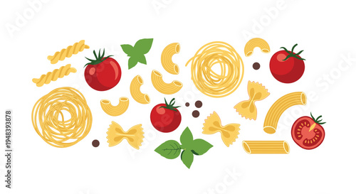 Assortment of different pasta shapes including fusilli, macaroni, and spaghetti arranged with fresh tomatoes, black peppercorns, and basil.