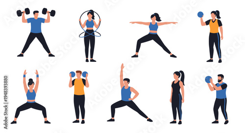 Large set of diverse people performing different types of fitness exercises including weightlifting, yoga, and jump rope for wellness.