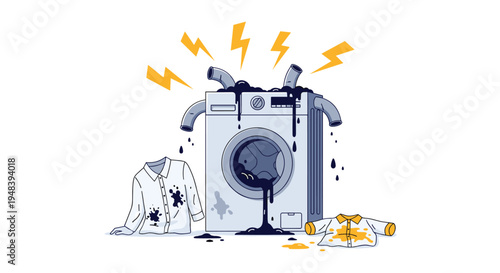 Broken washing machine leaking dark fluid and emitting sparks while stained shirts lie on the floor in a messy laundry room setting.