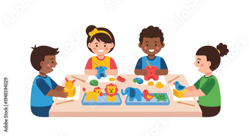 Four happy diverse children are sitting at a table, joyfully engaged in a creative art activity, molding colorful clay into various animal shapes.